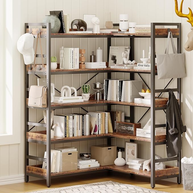HCHQHS Adjustable Book Shelf with 8 Hooks, Reversible Corner Bookshelf, Industrial Wooden and Metal Bookcase for Living Room, Bedroom, Home Office (Rustic Brown, 5 Tier)