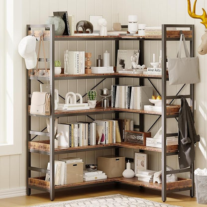 HCHQHS Adjustable Book Shelf with 8 Hooks, Reversible Corner Bookshelf, Industrial Wooden and Metal Bookcase for Living Room, Bedroom, Home Office (Rustic Brown, 5 Tier)