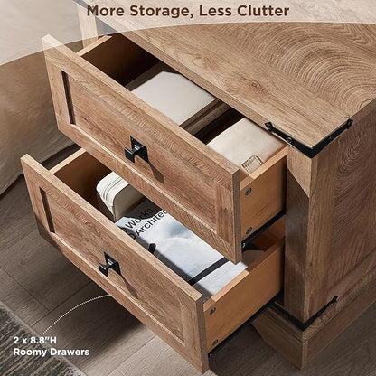T4TREAM 24" Farmhouse Nightstand with Charging Station Set of 2, Large End Table with 2 Storage Drawers, Rustic Wood Sofa Bedside Table for Bedroom, Light Knotty Oak
