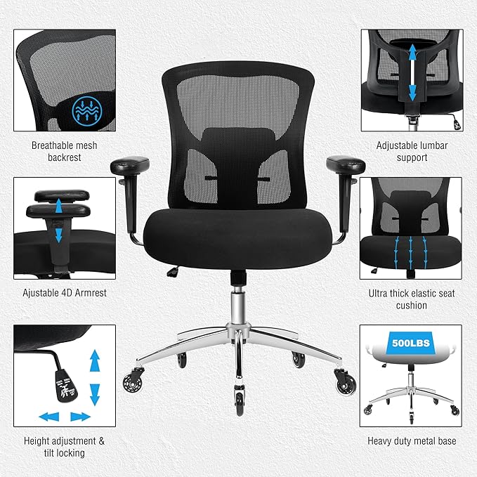 Big and Tall Office Chair 600lbs, Heavy Duty Ergonomic Mesh Chair, Computer Executive Desk Chair with Wide Thick Seat, Adjustable Armrests, Lumbar Support