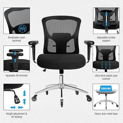 Big and Tall Office Chair 600lbs, Heavy Duty Ergonomic Mesh Chair, Computer Executive Desk Chair with Wide Thick Seat, Adjustable Armrests, Lumbar Support