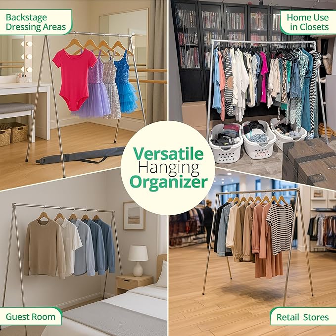 FOL-D-RAK Fully Assembled Lightweight Clothing Rack with Carry Bag. 59" Length Made from Commercial Grade Aluminum. Can Hold Over 50 LBS. Weighs 4 LBS.