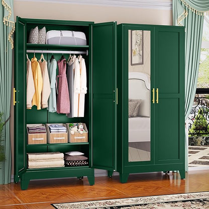 Metal Wardrobe Cabinet with Mirror and Hanging Rod, 71" Metal Clothing Storage Cabinets with 2 Doors and Adjustable Shelves, Green Armoire Wardrobe Closet for Bedroom, Laundry Room, Cloak Room