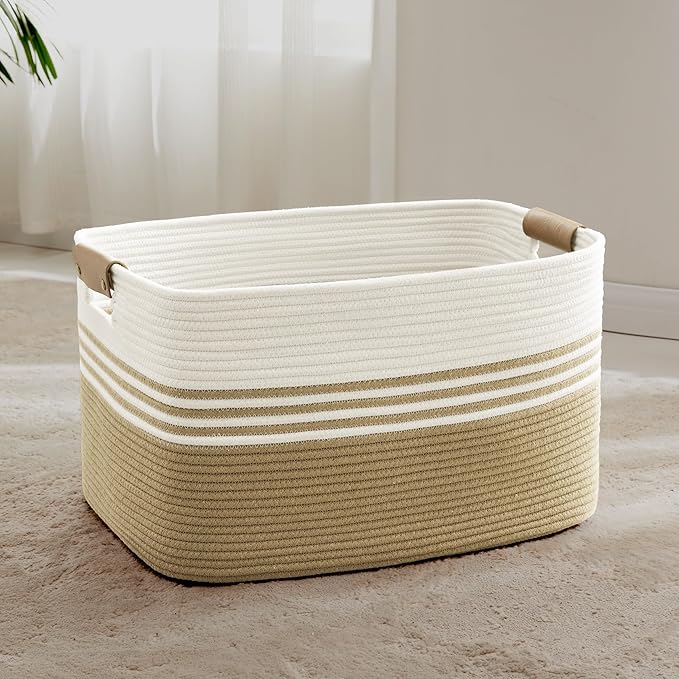 SunNewt 72L Large Laundry Basket with Leather Handles for Living Room Storage, Woven Rope Baskets Bin for Blanket, Kids Toy, Gifts, Wicker Hamper for Bedroom Dirty Clothes, 22"x17"x12" Khaki
