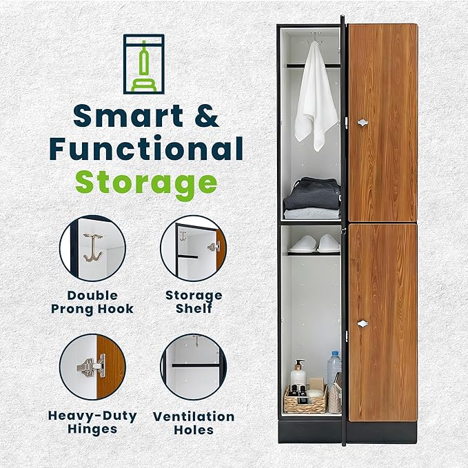 Alpine 4 Door Wooden Locker Cabinet - 72" Expandable Commercial Storage Lockers for Gym, Spa, Office & Golf Club - Includes Metal Base & Lock-Ready Handles, Double Column 2 Tier - Oak
