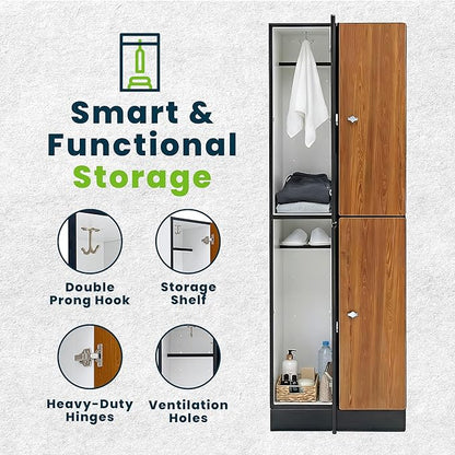 Alpine 4 Door Wooden Locker Cabinet - 72" Expandable Commercial Storage Lockers for Gym, Spa, Office & Golf Club - Includes Metal Base & Lock-Ready Handles, Double Column 2 Tier - Oak