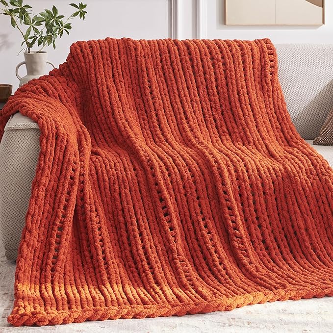 Negwoo Chunky Knit Throw Blanket, 60''*80'' Fall Throw Blanket Knitted Chenille Yarn for Bed Couch, Handmade Orange Crochet Big Thick Blanket, Machine Washable Cute Comfy Blankets for Home Decor