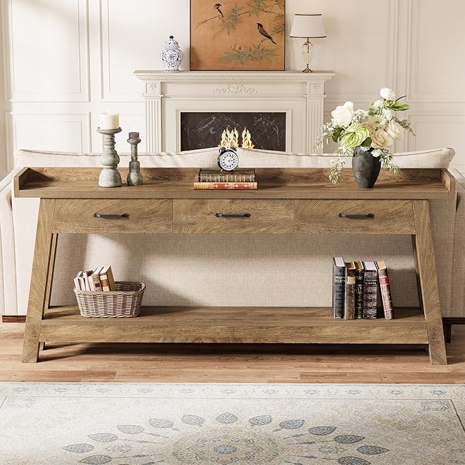 Tribesigns 70.9-Inch Sofa Table with 3 Drawers, 2-Tier Extra Long Farmhouse Console Table with Raised Baffle and Storage Shelves for Living Room, Hallway, Entryway, Entrance, Rustic Brown