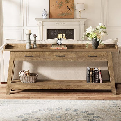 Tribesigns 70.9-Inch Sofa Table with 3 Drawers, 2-Tier Extra Long Farmhouse Console Table with Raised Baffle and Storage Shelves for Living Room, Hallway, Entryway, Entrance, Rustic Brown