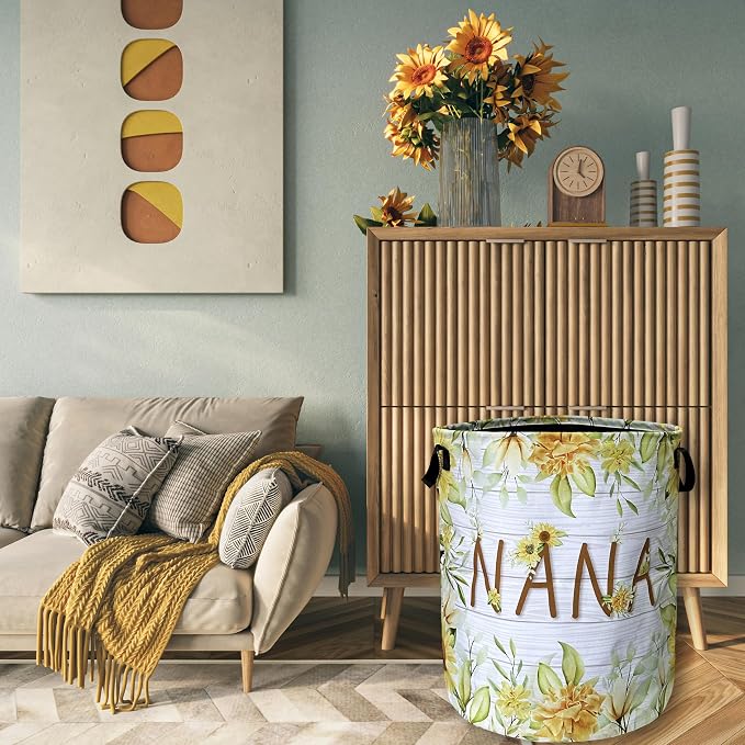 Nana Laundry Basket Foldable With Handles Yellow Sunflowers Tote Bag Oxford Cloth Colorful Floral Laundry Hamper Clothe Storage Bucket Toy Organizer 18.9"x16.5"For Bathroom/Laundry/Bedroom