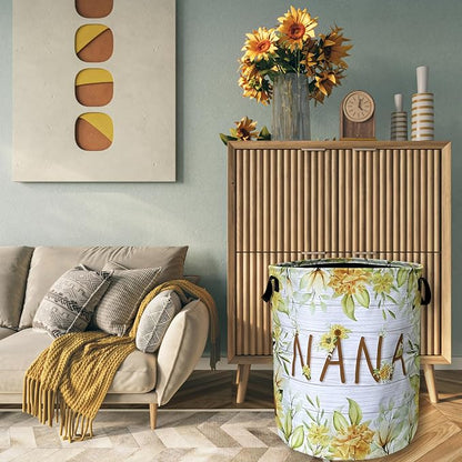 Nana Laundry Basket Foldable With Handles Yellow Sunflowers Tote Bag Oxford Cloth Colorful Floral Laundry Hamper Clothe Storage Bucket Toy Organizer 18.9"x16.5"For Bathroom/Laundry/Bedroom