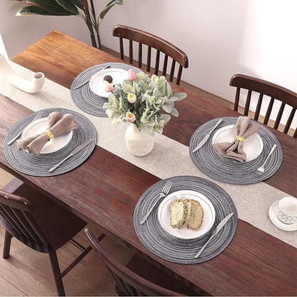 SHACOS Round Braided Placemats Set of 8 Round Table Mats for Dining Tables Non Slip Washable (Black Grey, 8)