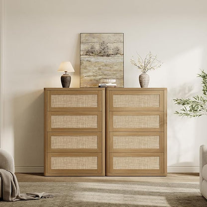 SICOTAS 4 Drawer Dresser for Bedroom-40.59'' Tall Rattan Bedroom Dressers with Oversized Drawers, Modern Wooden Chest of Drawers, Push-to-Open Storage Dresser for Closet, Nursery, Amber Oak, 2PCS