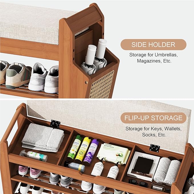 31.5" Bamboo Shoe Rack Bench with Storage, 3-Tier Entryway Bench with Thick Cushion, Flip-Top & Side Baskets, Holds Up to 550 LBS for Hallway, Living Room, Bedroom