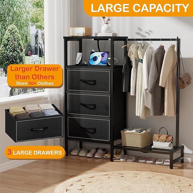 Dresser for Bedroom with Hanging Rack, 3 Drawers Closet with Charging Station, Faric Chest of Drawers with Clothes Rack, Storage Organzier for Hallway Entryway, Black
