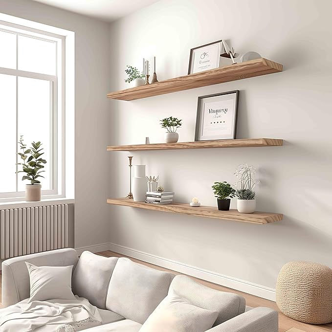 YYWUOJJ Wood Floating Shelves for Wall Decor, Rustic Wall Shelves for Bedroom Bathroom Kitchen Living Room, Set of 4 Light Walnut 48 Inch