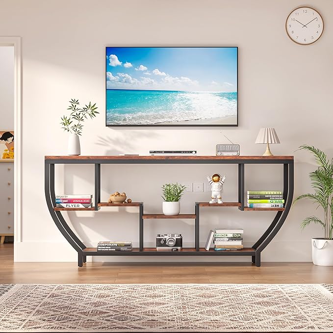 70.86" Extra Long Console Table Sofa Table & Storage Shelves Entryway Table Industrial TV Stand, Metal Frame Behind Couch Table for Foyer, Hallway, Entrance (Brown)