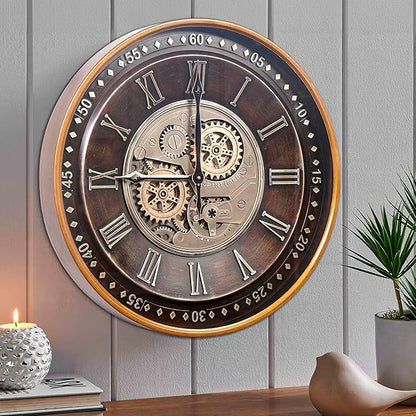 CLXEAST 24 Inch Wall Clock with Moving Gears,Oversized Large Industrial Steampunk Style, Antique Gold Metal Roman Numeral Wall Clocks for Farmhouse Living Room Decor