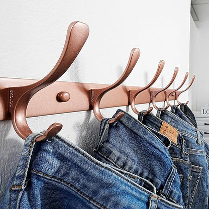 SKOLOO Coat Rack Wall Mounted - 6 Hooks, Pack of 2, Heavy Duty, Stainless Steel, Metal Wall Hanger, Sturdy Coat Hooks for Hanging Coats, Jacket, Clothes, Hat, Matte Rose Gold