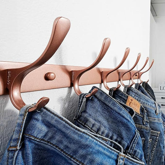 SKOLOO Coat Rack Wall Mounted - 6 Hooks, Pack of 2, Heavy Duty, Stainless Steel, Metal Wall Hanger, Sturdy Coat Hooks for Hanging Coats, Jacket, Clothes, Hat, Matte Rose Gold