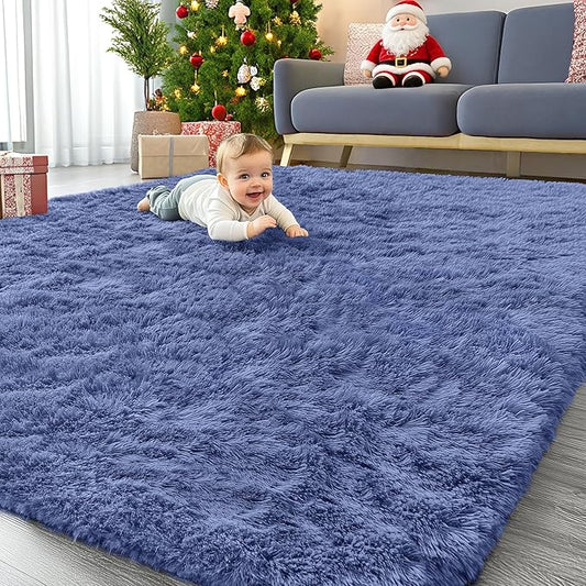 OLANLY 8x10 Machine Washable Large Area Rugs for Living Room, Bedroom, Soft Fluffy Shaggy Bedside Rug, Indoor Floor Carpet for Kids Girls and Boys, Dorms, Nursery, Home Decor Aesthetic, Denim Blue
