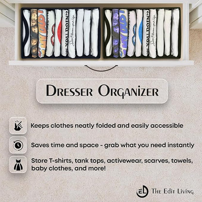 Drawer Organizer Clothes - 3 Set Multipurpose Dresser Drawer Organizer for Adults & Kids, Closet Foldable 10 Cells per Organizer - Non-Woven Fabric, T-Shirts, Baby Clothes, Shorts Organizer - Black