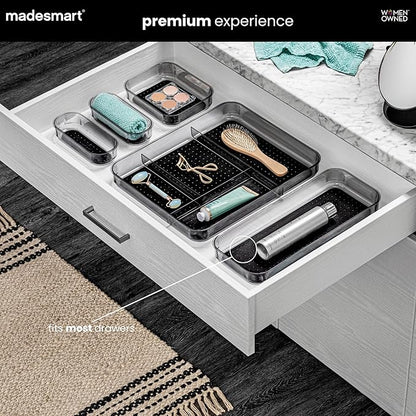 madesmart Premium 4 Piece Clear Storage Bin Set, Modular Drawer Organizers for Office, Kitchen, Bathroom & Home, Soft Grip Lining, Non Slip Base, Durable Plastic, Carbon