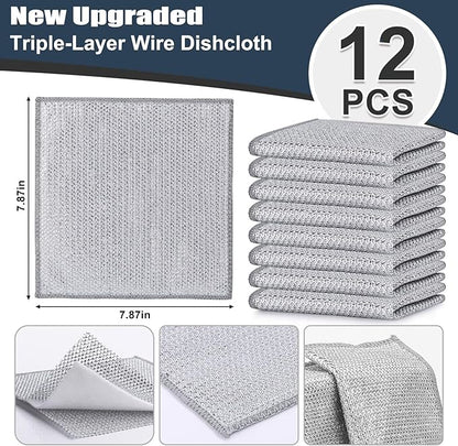 Navona 12 Pcs New Upgrade Steel Wire Dishcloth,Triple-Layer Steel Wire Cleaning Cloth,Powerful Cleaning Non-Scratch Wire Dishcloth Rag for Cookware, Sinks, Dishes, Stove Tops