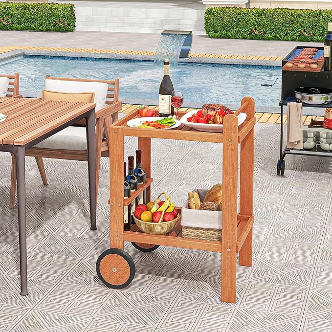 Giantex Wood Bar Cart, 2 Tier Side Table with Large Wheels & Wine Bottle Rack, Home Bar Serving Cart with Teak Oil Finish, Indoor & Outdoor Mobile Beverage Cart for Home, Poolside, Patio