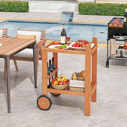Giantex Wood Bar Cart, 2 Tier Side Table with Large Wheels & Wine Bottle Rack, Home Bar Serving Cart with Teak Oil Finish, Indoor & Outdoor Mobile Beverage Cart for Home, Poolside, Patio
