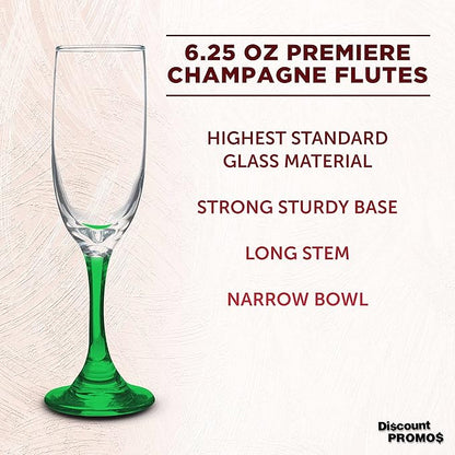 DISCOUNT PROMOS Premiere Champagne Flutes 6.25 oz. Set of 10, Bulk Pack - Elegant Drinkware for Weddings, Events, & Promotional Gifts - Green