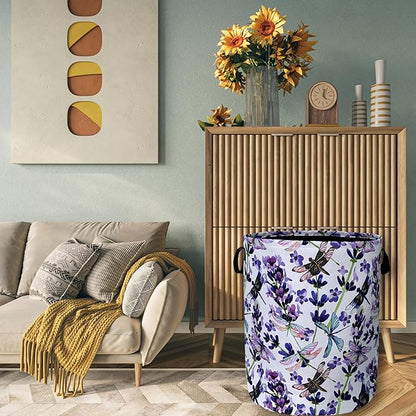 Dragonfly Laundry Basket Foldable With Handles Purple Floral Tote Bag Oxford Cloth Colorful Laundry Hamper Clothes Storage Bucket Toy Organizer For Bathroom/Laundry/Bedroom 18.9" x 16.5 "