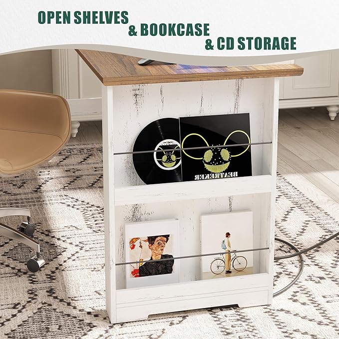FREDEES Executive L Shaped Desk with Led Lights and Movable Stand, 59 inch Farmhouse Corner Computer Desk with File Drawers, Home Office Desk with Charging Station for Working, Gaming - Antique White
