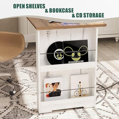 FREDEES Executive L Shaped Desk with Led Lights and Movable Stand, 59 inch Farmhouse Corner Computer Desk with File Drawers, Home Office Desk with Charging Station for Working, Gaming - Antique White
