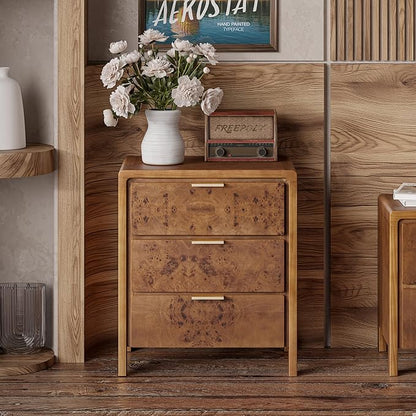 COZAYH Farmhouse Nightstand with 3 Drawer, Distressed Wood Rustic Accent Dresser, Burl Finish Bedside Table for Bedroom, Entryway, Fully Assembled, Brown