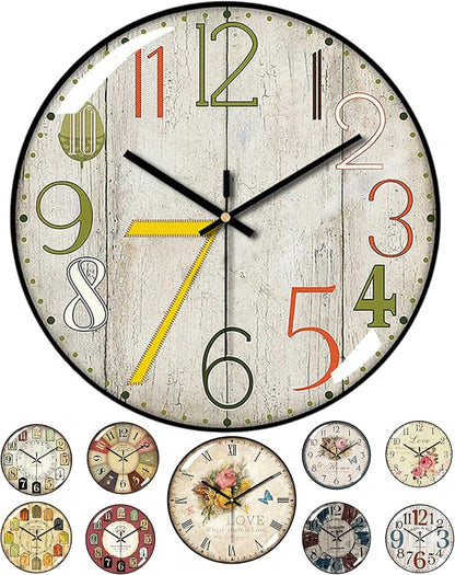 Decorative Wall Clocks Batterys Operated, Retro Wall Clock with Glass Dial, 12-Inch Dial with Roman Numerals, Silent and No Ticking, Suitable for Living Room, Bedroom, Dining Area, Workspace
