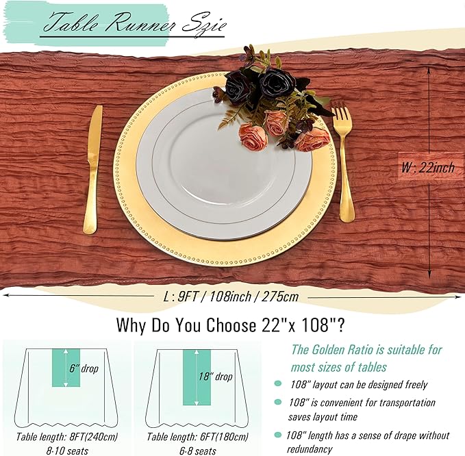 16 Pack Terracotta Cheesecloth Table Runner Rustic Gauze 22 x 108 inch Fall Table Runners for Wedding Bridal Shower Birthday Party Table Runner Thanksgiving Christmas Decor