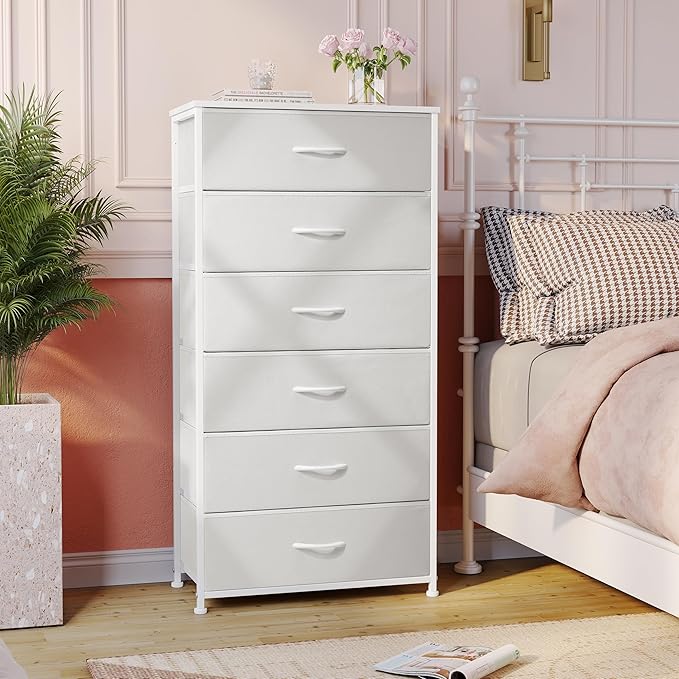 Crestlive Products Dresser for Bedroom with 6 Drawers, Tall Chest of Drawers, White Dressers Bedroom Furniture, Storage Organizer Unit with Bins for Closet, Hallway, Living Room, Entryway