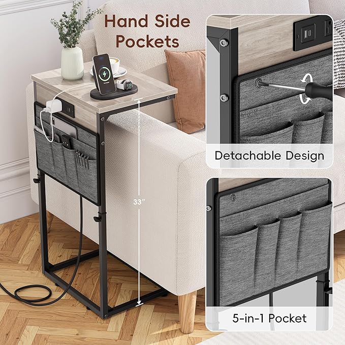 Vagusicc C Shaped End Table with Charging Station, 33"Tall C Table End Table Adjustable Height Side Table for Couch, Sofa Table Slide Under Couch Table TV Tray Arm Table for Living Room, Bedroom, Grey