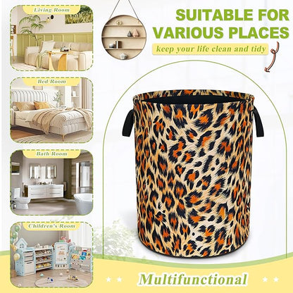 Brown Black Leopard Print Laundry Basket Funny Foldable Waterproof Oxford Cloth Tote Bag Laundry Hamper Large Clothes Storage Bucket Toy Organizer For Bathroom/Laundry Storage/Bedroom 18.9x16.5 Inch