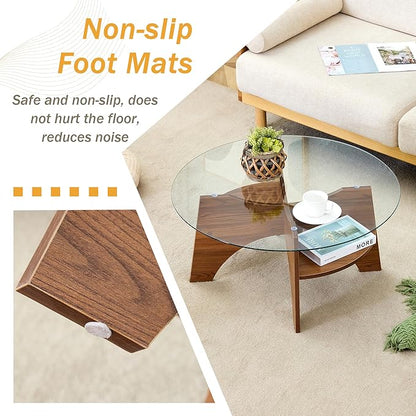 LKTART 31.5" Round Glass Coffee Table with Tempered Glass Top and MDF Base, Diagonal Fan-Shaped Tray Design Table Leg Simple & Modern Center Table for Living Room Office Apartment Walnut