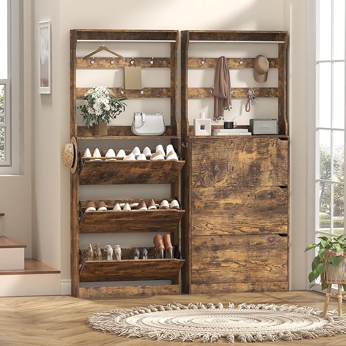 Tall Shoe Cabinet with Coat Rack, Hidden Shoe Storage Cabinet with Doors & Drawer, Hanging Bar & Hooks, Slim Narrow Freestanding Shoe Rack Organizer for Entryway, Hallway & Living Room, Brown