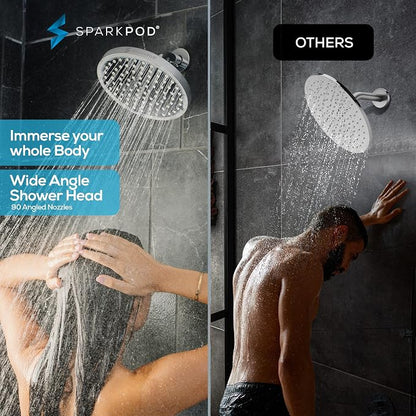 SparkPod Rain Shower Head, 8 Inch Round | High Pressure Shower Heads, 90 Nozzle (Touch-to-Clean), Adjustable Showerhead, No-tool Universal Connection