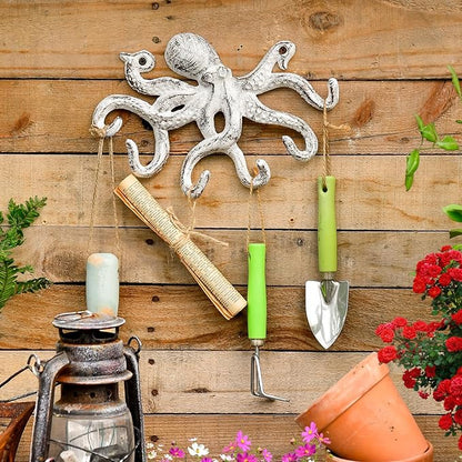 Sungmor Cast Iron Key Holder for Wall, Decorative Octopus Hanger with 6 Hooks, Vintage White Wall Hooks for Towel, Bathrobe, Necklaces, Purse, Dog Leashes, Bathroom Nautical Decor