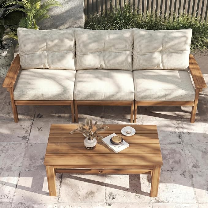 2-Piece Teak Patio Conversation Set, HDPE 3-Seat Sofa with Coffee Table, Teak Frame with Thick Beige Cushions, Outdoor Couch for Balcony