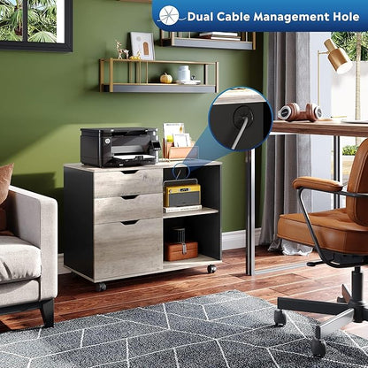 DEVAISE 3-Drawer Wood File Cabinet, Mobile Lateral Filing Cabinet, Printer Stand with Open Storage Shelves for Home Office, Greige