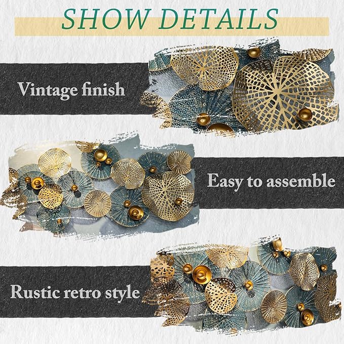 edaknez Metal Wall Decor for Living Room, Metal Flower Wall Art, 3D Stacked Leaves Wall Art Decor, Modern Lotus Flower Hanging Wall Decor (C 50 inch x 26 inch)