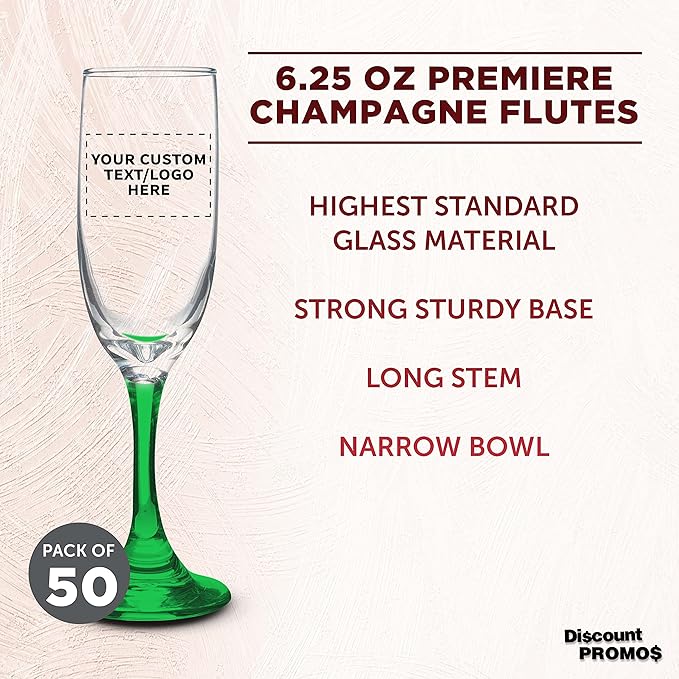 DISCOUNT PROMOS Custom Premiere Champagne Flutes 6.25 oz. Set of 50, Personalized Bulk Pack - Elegant Drinkware for Weddings, Events, & Promotional Gifts - Green