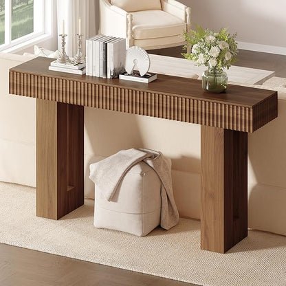 63-Inch Long Entryway Console Table with a Fluted Design, Thick Wood Farmhouse Sofa Table Behind Couch, Narrow Hallway Accent Table for Living Room, Foyer, Entrance,Modern Walnut