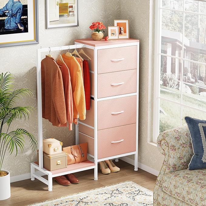 Dresser with Hanging Rack, 4 Drawers Small Closet for Bedroom, Reversible Fabric Kids Chest of Drawers with Clothes Rack, Tall Storage Tower, Sturdy Frame, Pink, 44''H